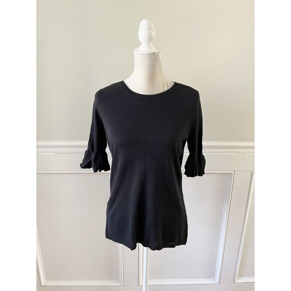 Liz Claiborne Signature Black Textured Short Sleeve Sweater W/ Ruffle Detail M - Picture 1 of 5
